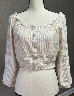 Aeropostale Crop Top Large Women's Striped Baby Doll Smocked Cottagecore Beige